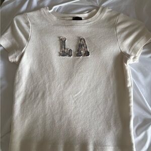 PacSun Cream Off White Short-Sleeve Baby Tee with Cheetah Print LA Sewn On